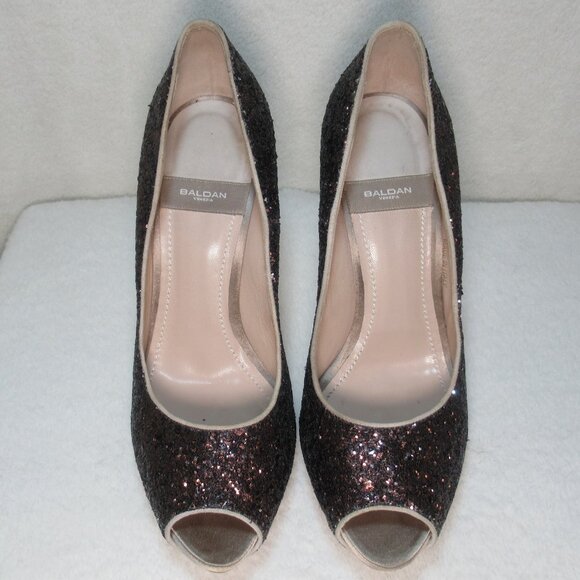 Baldan Venezia Brown Glitter Peep-Toe Heels | Size 37 (fits like US 6.5) - Picture 3 of 11